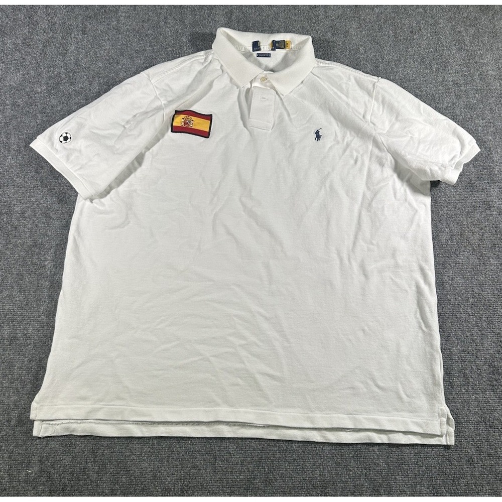 Polo Ralph Lauren Mens 2XL White S/S Shirt Spain Flag Futbol Soccer Ball